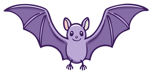 Cute purple cartoon bat flying with spread wings, smiling friendly illustration for kids Halloween spooky design