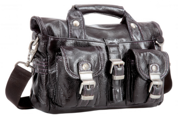 Shiny black leather messenger bag with silver buckles and strap isolated on transparent background