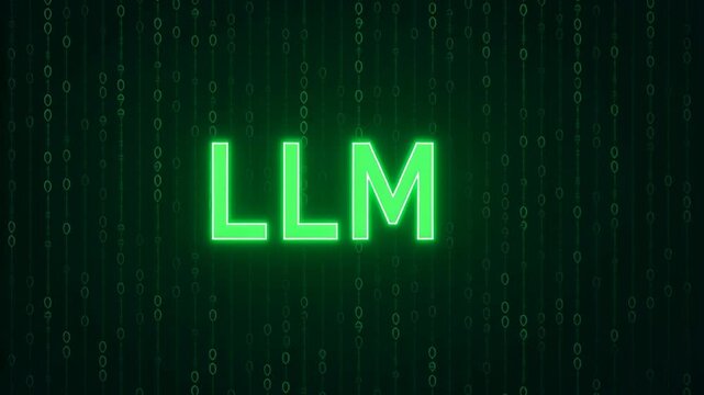 LLM, AI large language model. LLM neon green glow text typography over digital code and coding binary matrix, cyber tech aesthetic dark backdrop with modern minimal style, clean focused futuristic