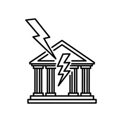 Financial Institution Under Threat: A stark black and white line illustration depicts a bank structure being struck by lightning, symbolizing economic instability and financial crisis.