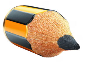 Close up of a sharpened orange and black striped pencil isolated on transparent background