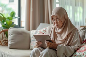 Happy grandmother in hijab using a modern tablet at cozy home, minimalist living room background, bright window light, authentic lifestyle stock photo, soft natural tones.