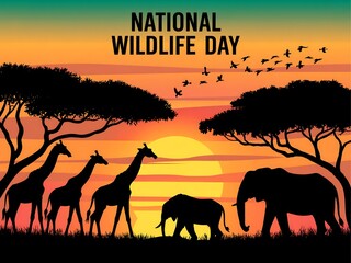 Celebrate national wildlife day with a stunning african savannah sunset featuring elephants and giraffes