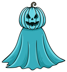 Spooky blue ghost with a carved pumpkin head wearing a flowing cape