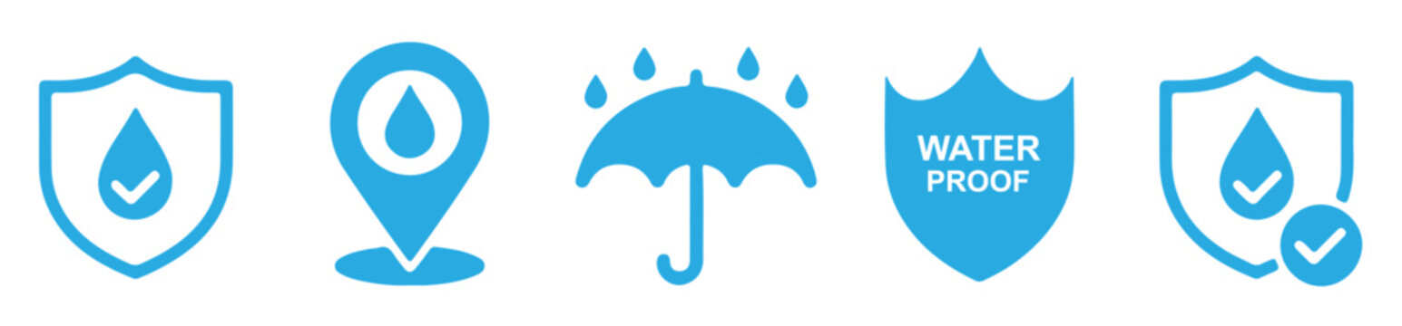 Collection of water related icons featuring shields, drops, umbrellas, and waterproof labels.