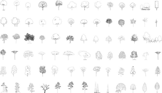 A large collection of black-and-white vector illustrations showing various tree elevations and forms, suitable for architectural, landscape, and urban design projects