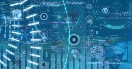 Animation of statistical data processing, 5g text and round scanners against night city traffic - Powered by Adobe