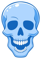 Vibrant blue cartoon skull illustration with glossy details and open jaw