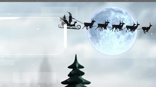 Animation of moon and snow falling over santa in sleigh at christmas