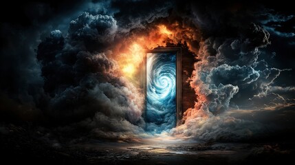 Fototapeta premium Mysterious door to the cosmos surreal landscape digital art celestial environment dramatic perspective enigmatic concept for exploration