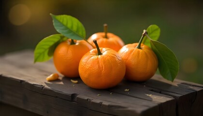 Fresh mandarins with leaves, displayed on a whitewashed wooden board with a distressed finish, shot in the soft, overcast light of a rainy day, autumn.