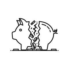 Broken Piggy Bank Concept: A minimalist illustration of a broken piggy bank, with coins spilling out, representing financial loss, economic hardship, or the depletion of savings.