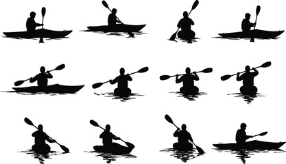 Kayak silhouette, paddling activity, canoe sport, water adventure, rowing exercise, kayaking vector, outdoor recreation, fitness lifestyle, river journey, summer illustration