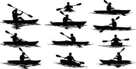 Kayak silhouette, people paddling, canoeing sport, water adventure, kayaking illustration, outdoor activity, rowing vector, river journey, summer recreation, fitness exercise
