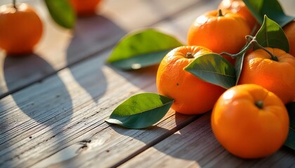 A close-up of fresh mandarins with leaves, scattered on a light-colored, rustic pine wooden board, captured under bright, direct sunlight, summer day.