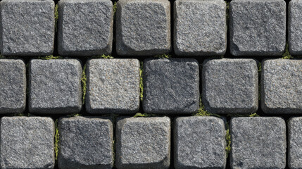 Seamless photorealistic gray cobblestone texture with weathered, cracked stones and natural moss, perfect for architectural visualization and construction 3D projects