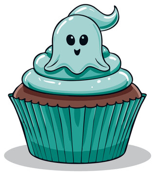 Naklejki Cute cartoon ghost character on top of a teal cupcake with chocolate cake and teal frosting.