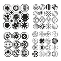 Diverse assortment showcases black geometric and floral patterns arranged in octagons and circles with transparent background