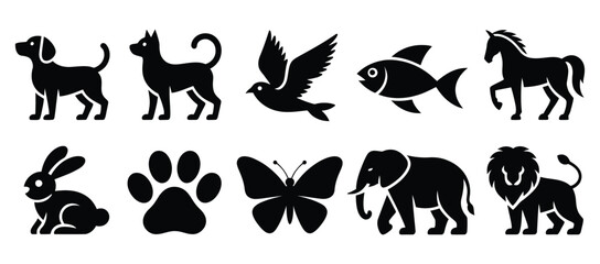 Set of black animal silhouette icons including dog, cat, bird, fish, horse, rabbit, paw print, butterfly, elephant, and lion