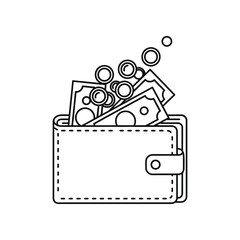 Wallet overflowing with money: A minimalist line art of a wallet, bursting with cash and coins, depicting wealth and financial abundance.