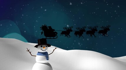 Animation of santa claus sleigh over snowmen and winter scenery - Powered by Adobe