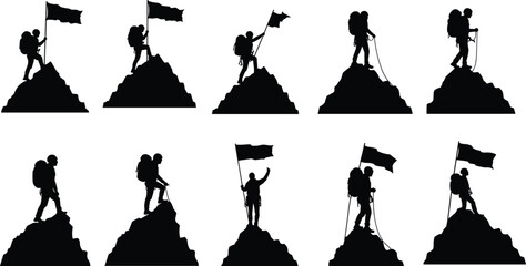 Mountaineer silhouettes, hiking on peak, climber with flag, trekking adventure, mountain victory, outdoor exploration, summit conqueror, extreme sport, success journey