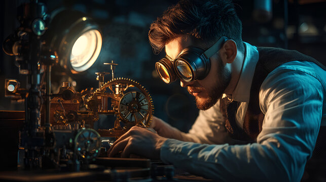 Steampunk man wearing goggles works on intricate clockwork mechanism in dim illuminated workshop