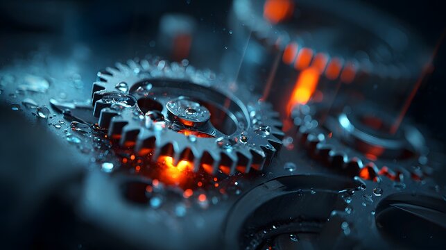 Close-up view of intricate metal gears, highlighted by vibrant orange light and glistening water droplets, creating a dynamic and technical aesthetic.