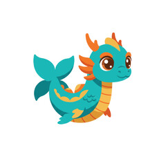 Fototapeta premium Cute teal and orange baby sea dragon with big brown eyes and a fish tail smiling gently.