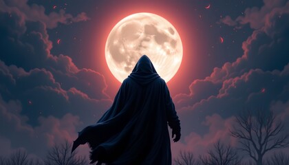 a striking nighttime scene where a hooded figure stands as the central focus against a backdrop of a full moon, casting eerie shadows around.