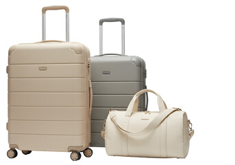 Three stylish travel bags in neutral tones, showcasing sleek design for modern travelers