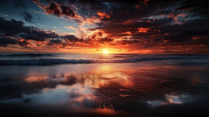 Naklejka premium Sunset reflection over calm ocean waves coastal beach nature photography serene environment wide angle tranquility and beauty