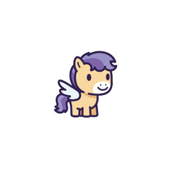 Adorable cartoon pegasus with a purple mane and tail A cute smiling winged horse character in a simple chibi style.