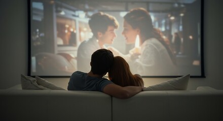 静かに寄り添う恋人 柔らかな光の中 映画を楽しむ夜. AI Generated