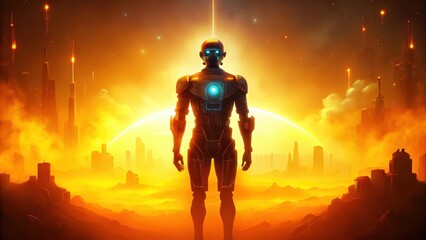 Fototapeta premium reinforcement learning A futuristic robot stands against a glowing sunset in a sci-fi landscape.