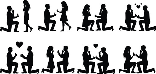 Romantic proposal silhouettes, engagement couple illustration, man on knee with ring, wedding design vector, love moment art, romantic gesture scene