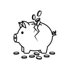 Broken Piggy Bank: A distressed piggy bank with a large crack in its side has coins spilling out, representing financial woes. The image highlights the fragility of savings.