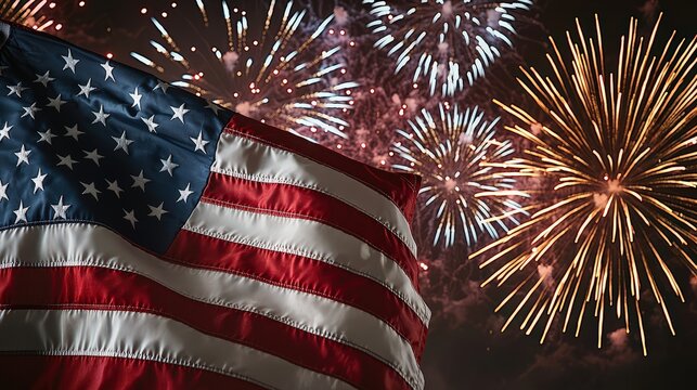 Fireworks celebration over american flag night sky photography festive atmosphere close-up national pride