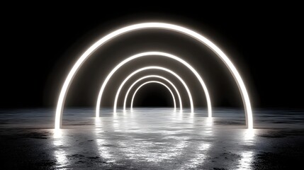 Obraz premium A pathway illuminated by a series of glowing, arched neon lights, creating a futuristic and captivating tunnel effect.