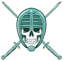 Teal Kendo Helmet and Skull with Crossed Swords Vector Illustration for Martial Arts