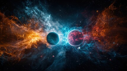 Celestial collision event cosmic dance of planets and nebulae outer space digital art vast universe ethereal beauty