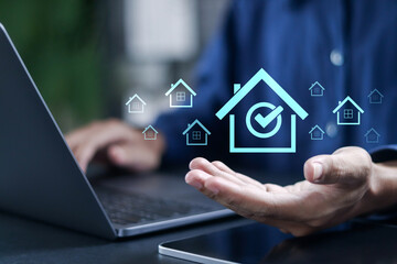 Real estate property industry concept. Real estate offers for sale and house for rent. Businessman analyzing mortgage loan home for planning to buy or rent property.