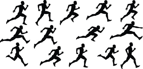 Running athlete silhouette, sprint action poses, marathon jogging, track and field, sports training, exercise fitness, competition runner, fast movement illustration