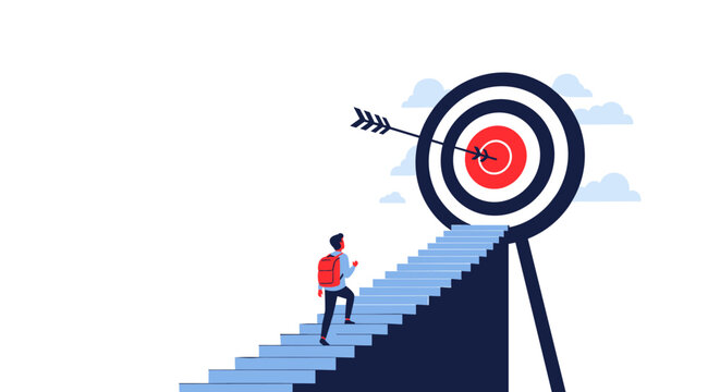 Achieve goals by climbing stairs to hit target, perfect for startups and goal oriented businesses