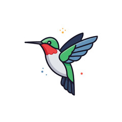 Cute cartoon hummingbird with a red gorget green head and blue wings hovering in mid-air.
