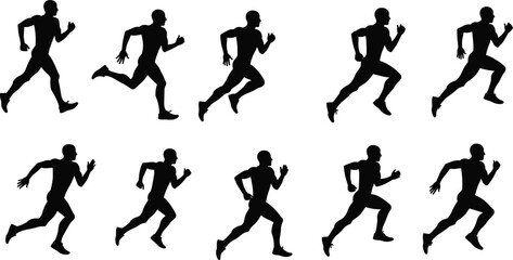 Running silhouette collection, sprinting athlete, jogging exercise, fitness training, sports competition, marathon runner, speed action, healthy lifestyle, track race movement