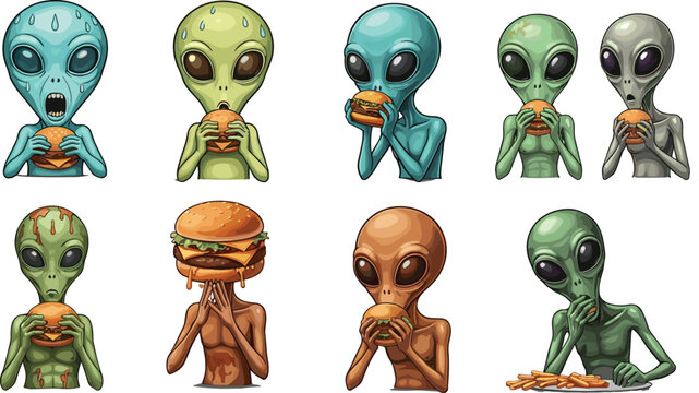 Cartoon aliens eating burgers and fries—fun extraterrestrial food-themed illustration set for humor, editorial, entertainment, lifestyle, sci-fi content