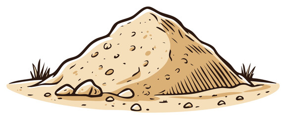 Illustration of a pile of sand with grass and rocks on a ground surface