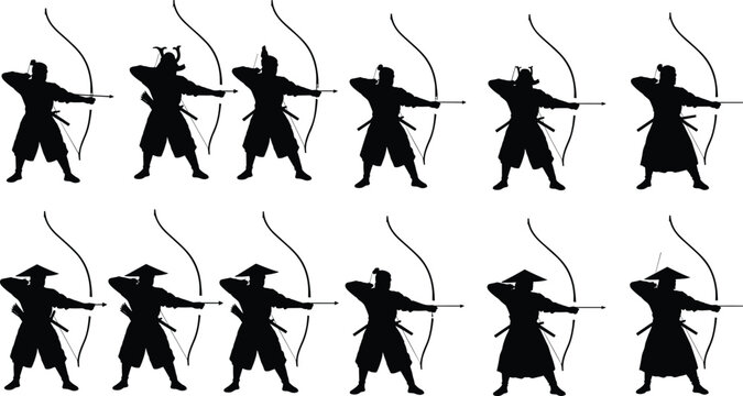Samurai archer silhouettes, traditional warrior archery vector, Japanese fighter illustration, martial arts bowman design, historic combat stance artwork, battle posture graphic