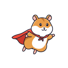 Cute cartoon hamster superhero character flying with a flowing red cape.